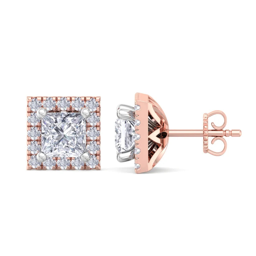 Princess-Cut Diamond Halo Stud Earrings in Gold