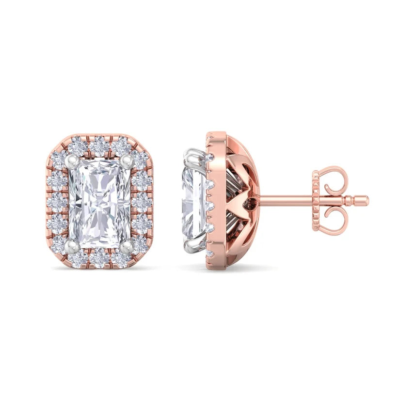 Radiant-Cut Diamond Halo Stud Earrings in Gold