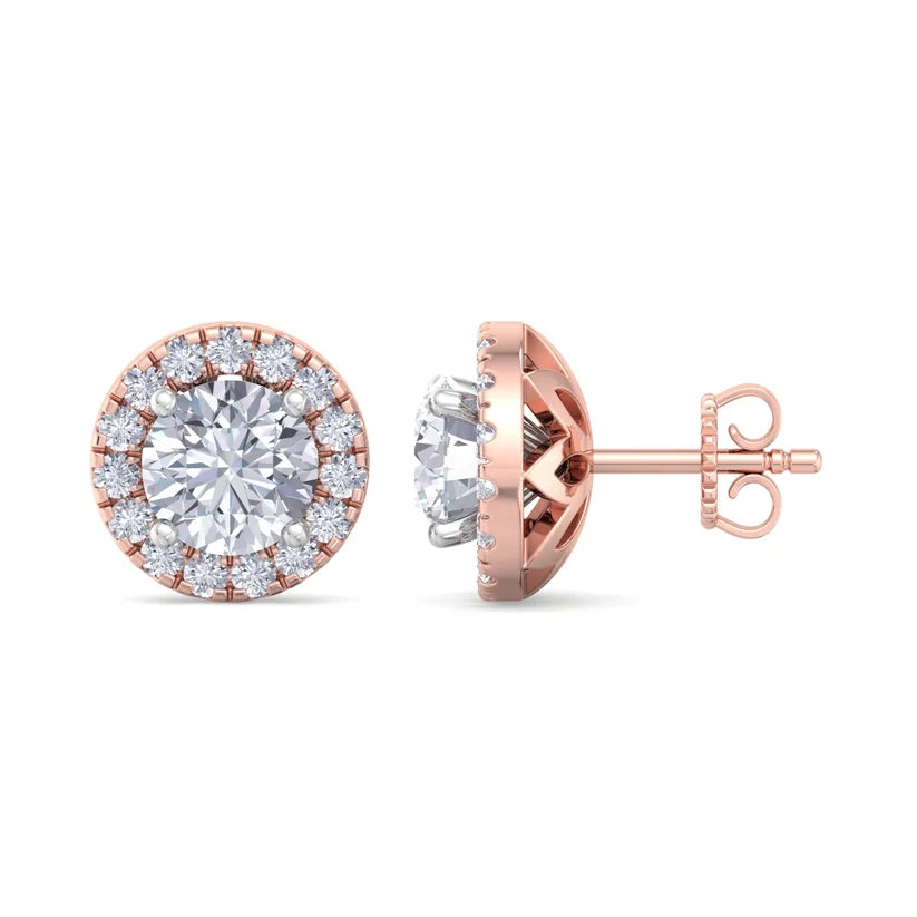 Gold Round Brilliant Halo Diamond Stud Earrings | Luxury Jewelry