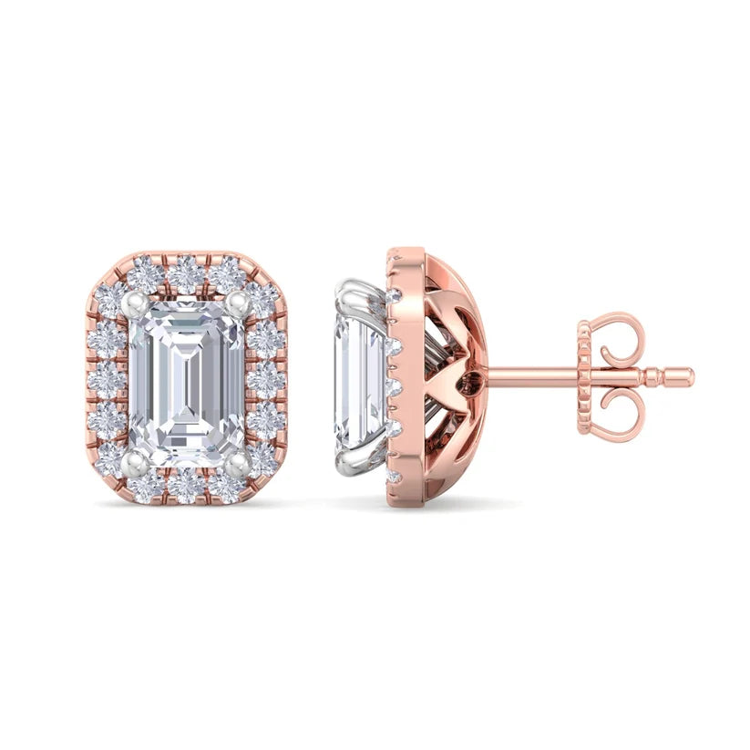 Emerald-Cut Diamond Halo Stud Earrings – Luxury Gold Frame Design