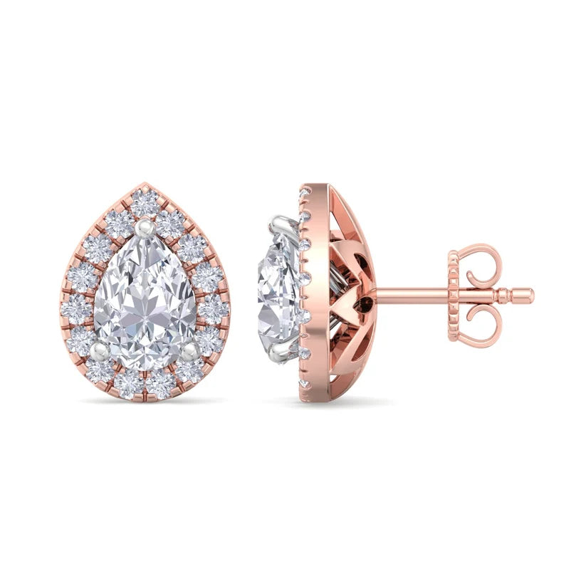 Pear-Shaped Diamond Halo Stud Earrings in Gold