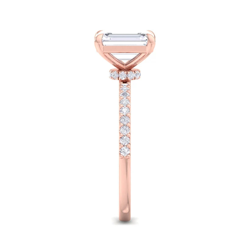 Emerald Cut Diamond Solitaire Engagement Ring with Pavé Band in Gold