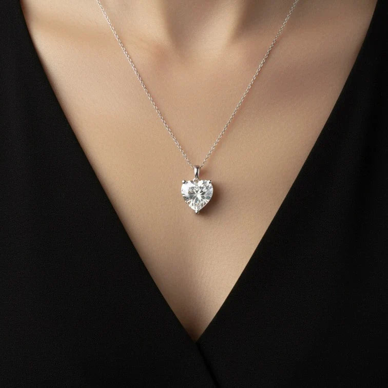 Classic Heart Solitaire Diamond Pendant Necklace in 925 Sterling Silver