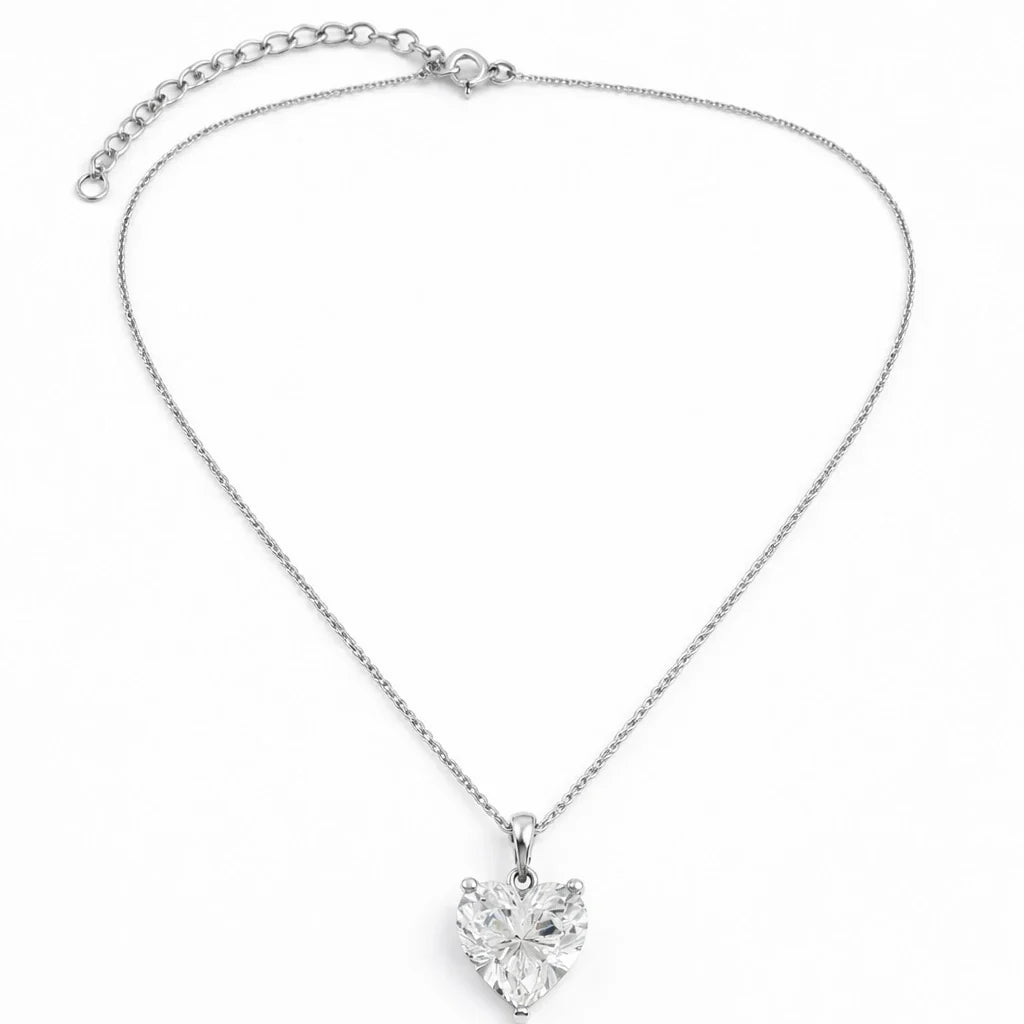 Classic Heart Solitaire Diamond Pendant Necklace in 925 Sterling Silver