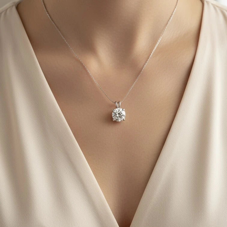 Classic Round Solitaire Diamond Pendant Necklace in 925 Sterling Silver