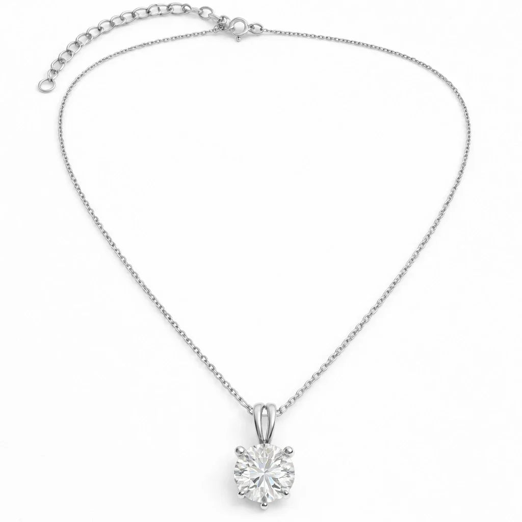 Classic Round Solitaire Diamond Pendant Necklace in 925 Sterling Silver