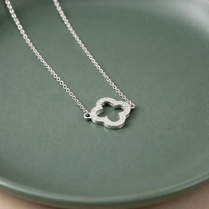Enchanted Clover Diamond Halo Necklace Made With Pure 925 Silver