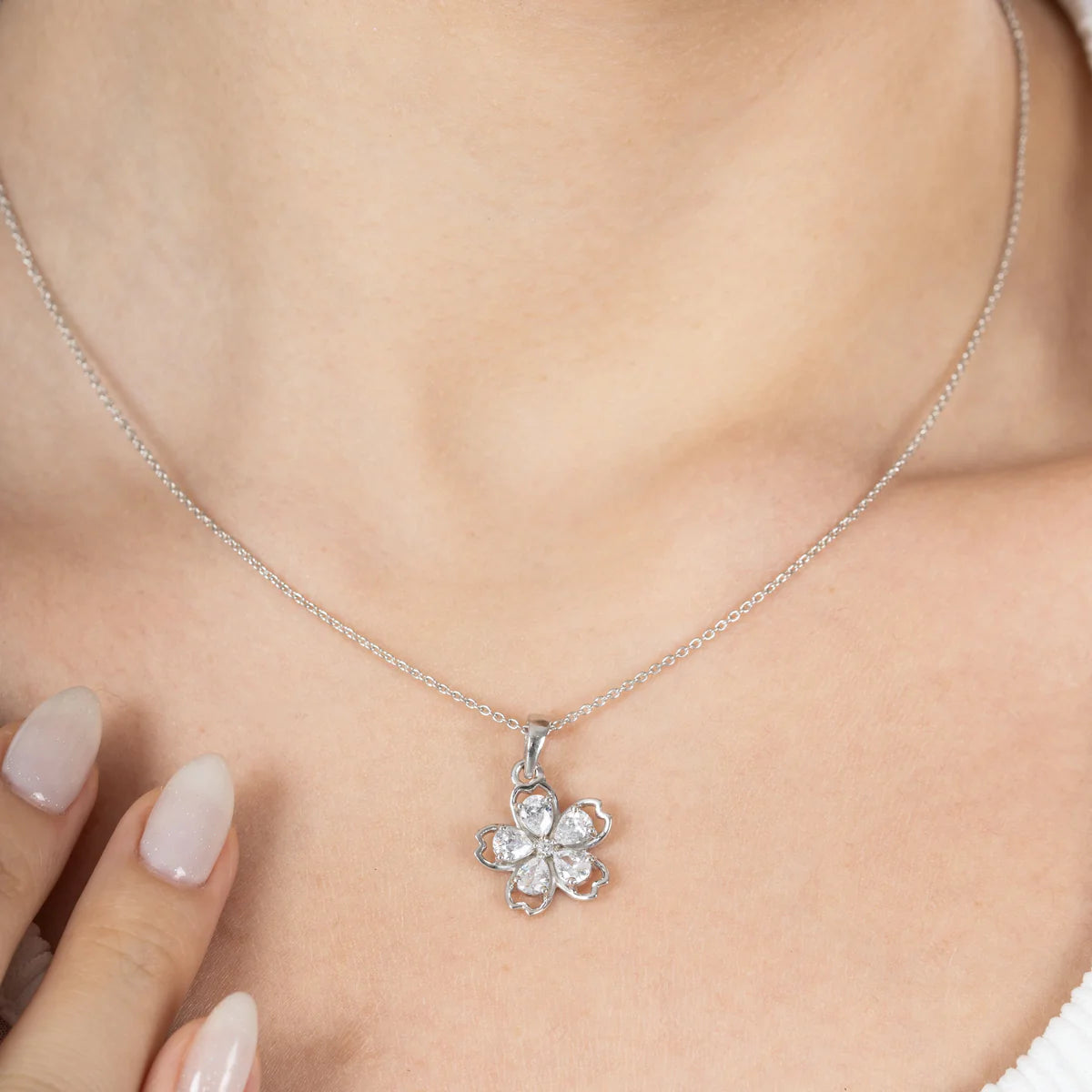 Five Petal Heart Flower Diamond Pendant Necklace in 925 Sterling Silver | Floral Diamond Jewelry