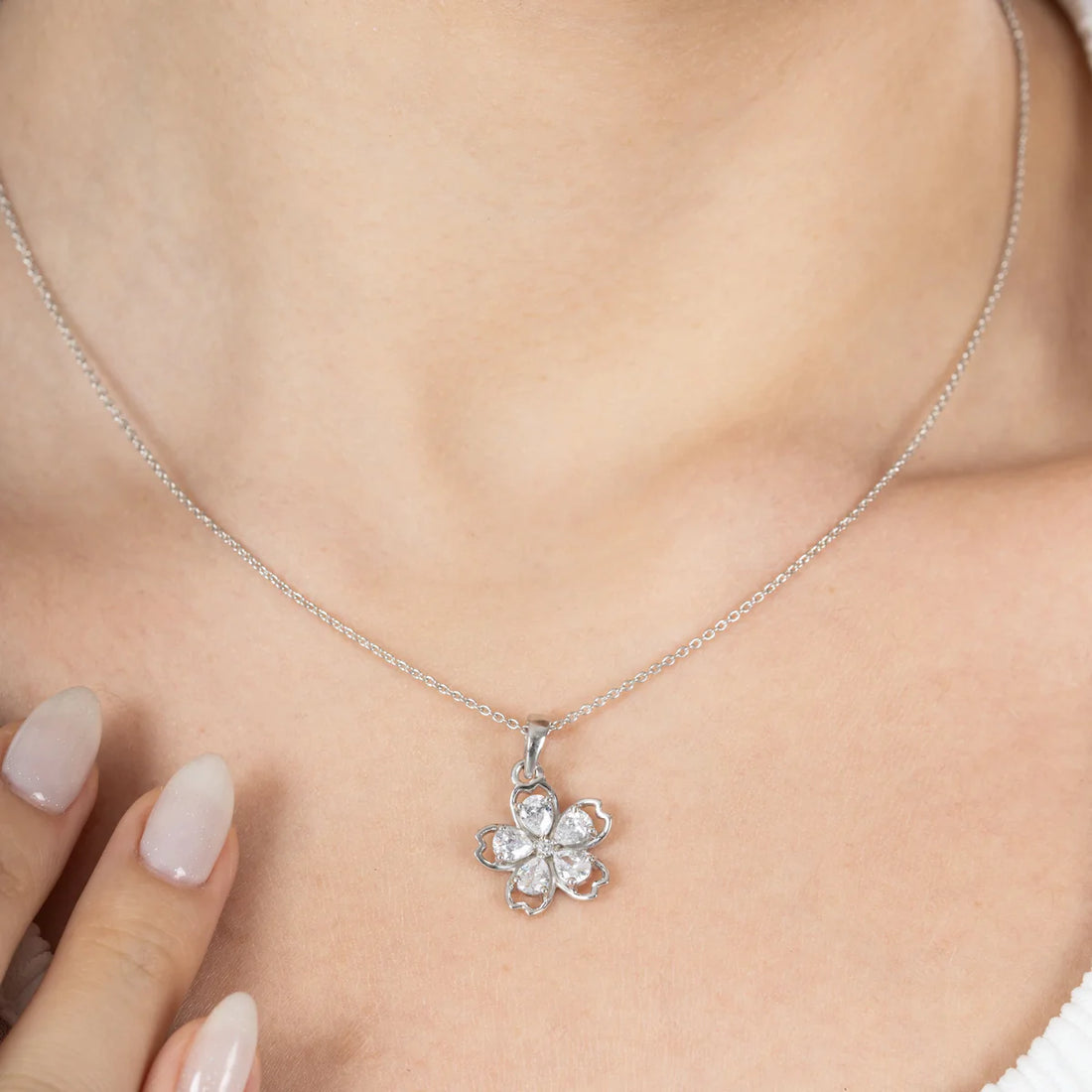 Five Petal Heart Flower Diamond Pendant Necklace in 925 Sterling Silver | Floral Diamond Jewelry