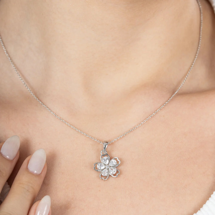 Five Petal Heart Flower Diamond Pendant Necklace in 925 Sterling Silver | Floral Diamond Jewelry