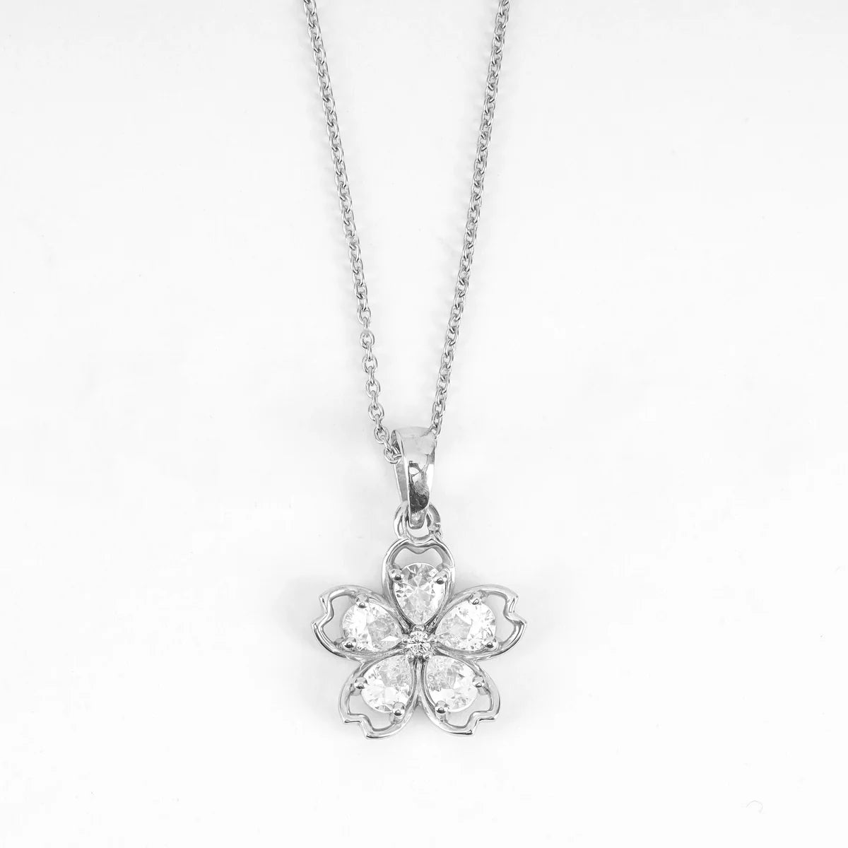 Five Petal Heart Flower Diamond Pendant Necklace in 925 Sterling Silver | Floral Diamond Jewelry