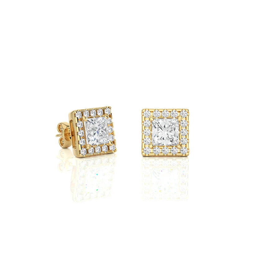 Classic Princess-Cut Diamond Halo Stud Earrings in Gold