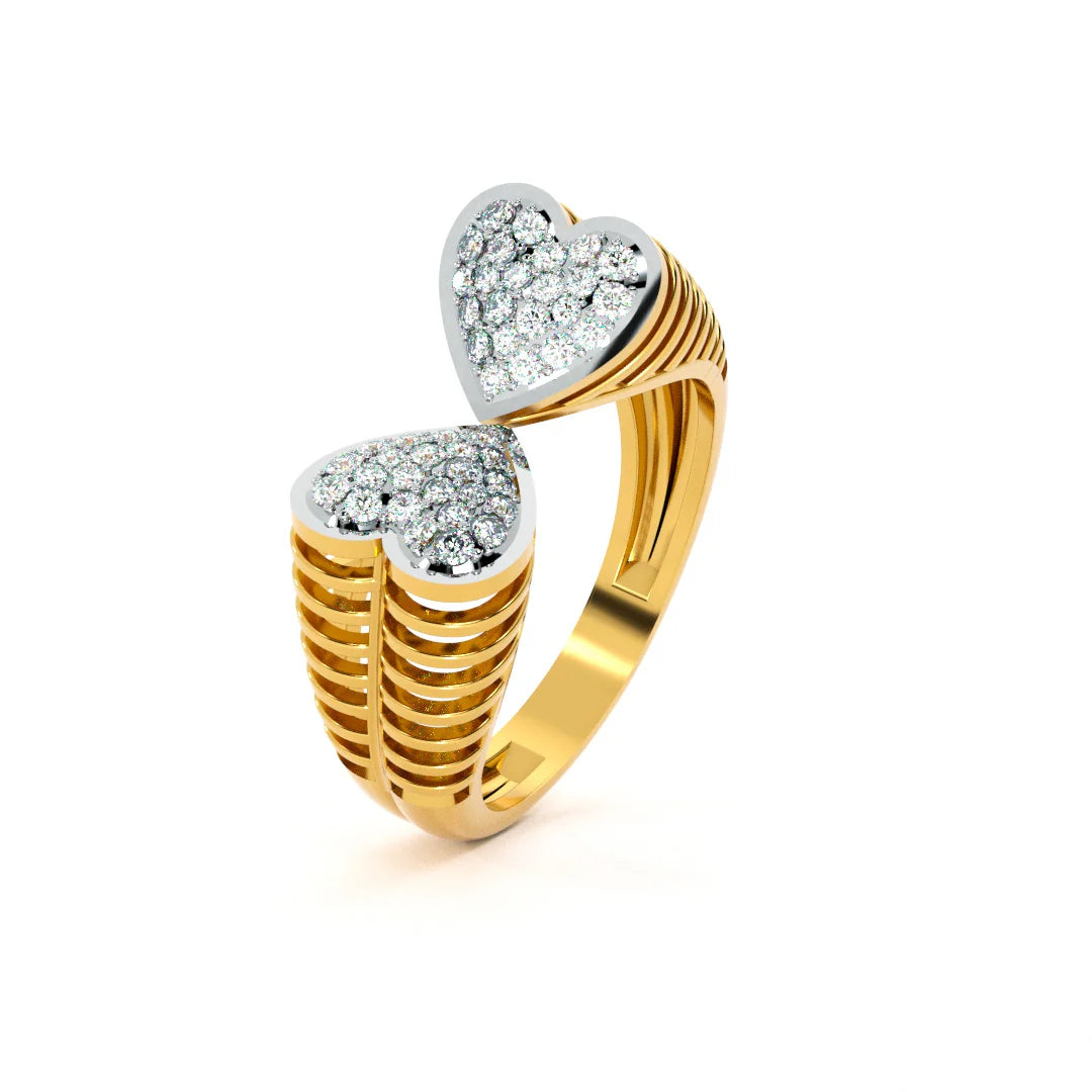Double Heart Diamond Bypass Ring in 9KT Two-Tone Gold