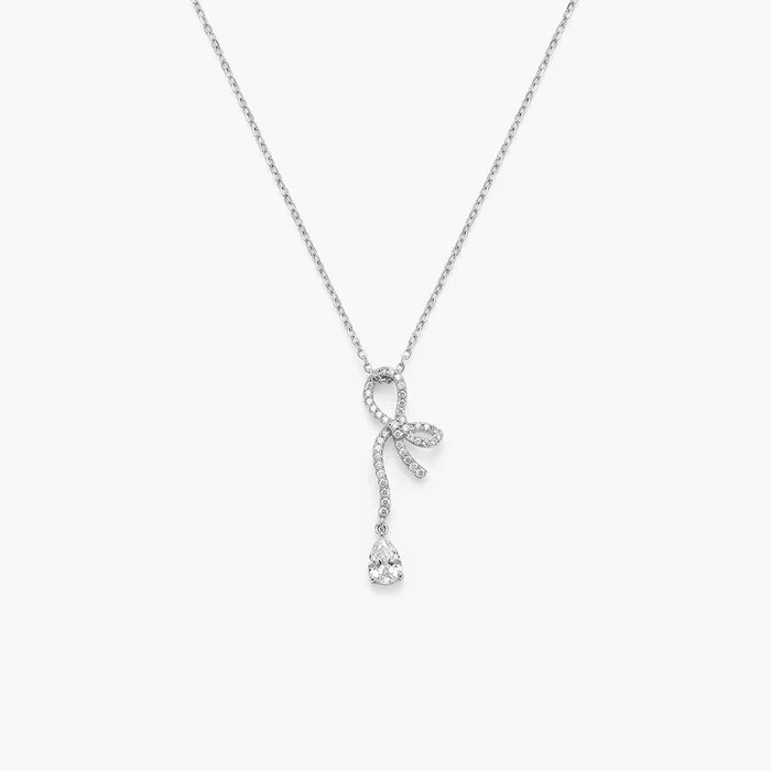 Pavé Bow &amp; Pear Drop Lab Grown Diamond Pendant Necklace in 925 Sterling Silver