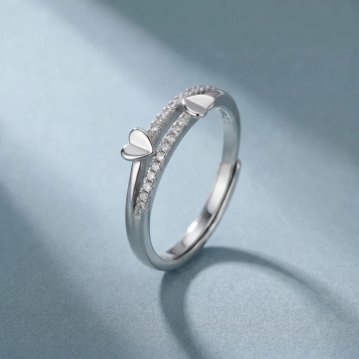 Double Heart Pavé Bypass Ring in 925 Sterling Silver