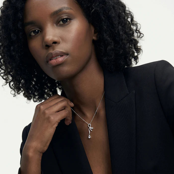 Pavé Bow &amp; Pear Drop Lab Grown Diamond Pendant Necklace in 925 Sterling Silver