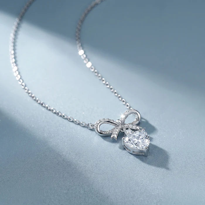Bow &amp; Heart Lab Grown Diamond Pendant Necklace in 925 Sterling Silver