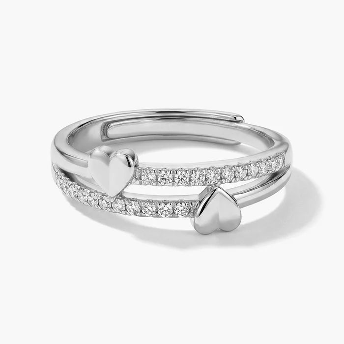 Double Heart Pavé Bypass Ring in 925 Sterling Silver
