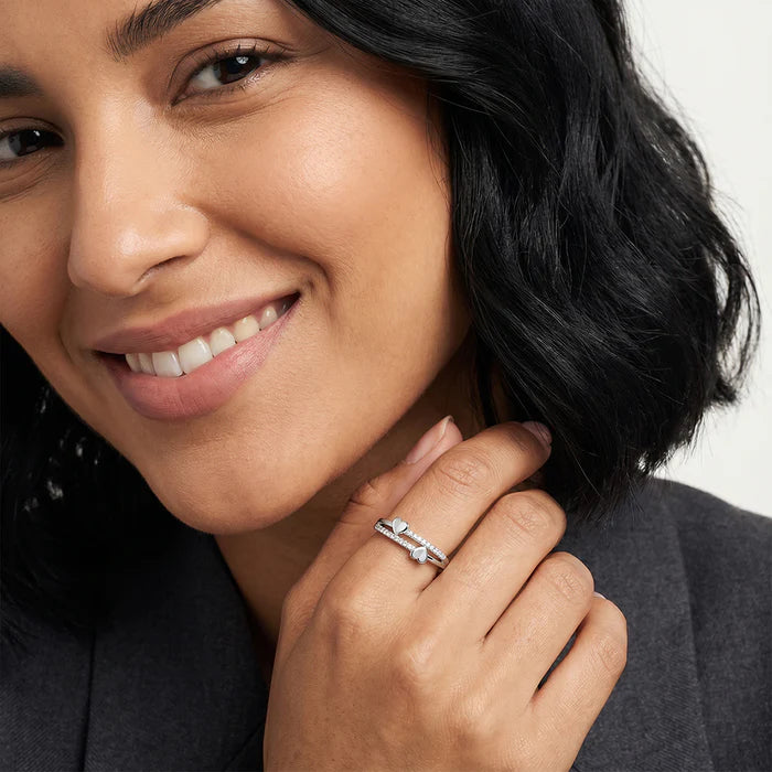 Double Heart Pavé Bypass Ring in 925 Sterling Silver