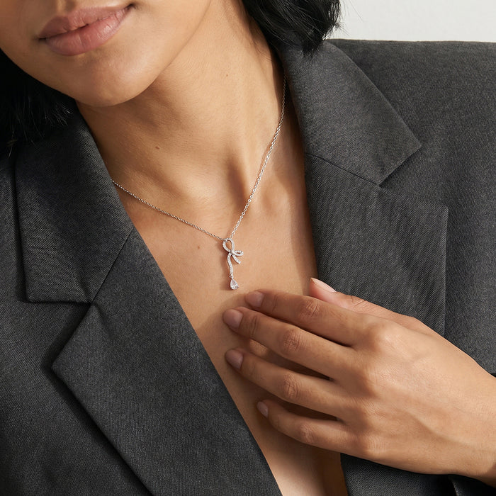 Pavé Bow &amp; Pear Drop Lab Grown Diamond Pendant Necklace in 925 Sterling Silver