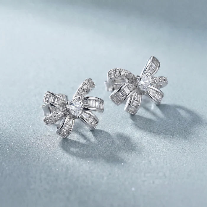 Bow Baguette &amp; Pavé Lab Grown Diamond Stud Earrings in 925 Sterling Silver