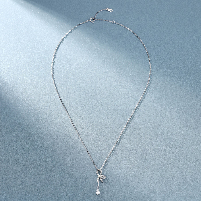 Pavé Bow &amp; Pear Drop Lab Grown Diamond Pendant Necklace in 925 Sterling Silver