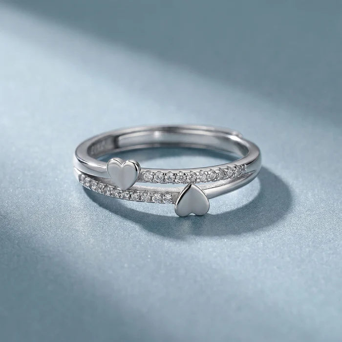 Double Heart Pavé Bypass Ring in 925 Sterling Silver
