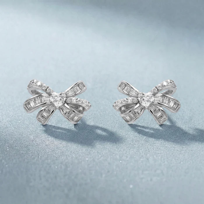 Bow Baguette &amp; Pavé Lab Grown Diamond Stud Earrings in 925 Sterling Silver