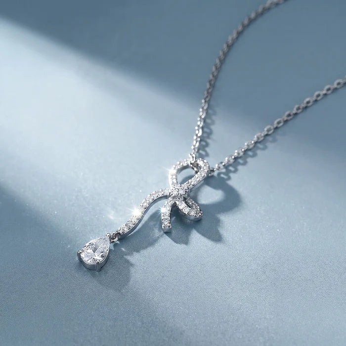 Pavé Bow &amp; Pear Drop Lab Grown Diamond Pendant Necklace in 925 Sterling Silver