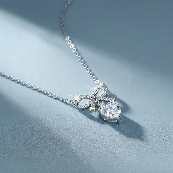 Bow &amp; Heart Lab Grown Diamond Pendant Necklace in 925 Sterling Silver
