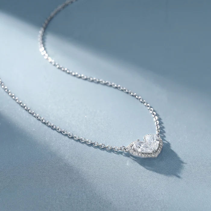 Heart Cut Halo Pendant Necklace in 925 Sterling Silver