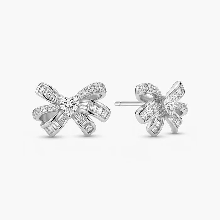 Bow Baguette &amp; Pavé Lab Grown Diamond Stud Earrings in 925 Sterling Silver