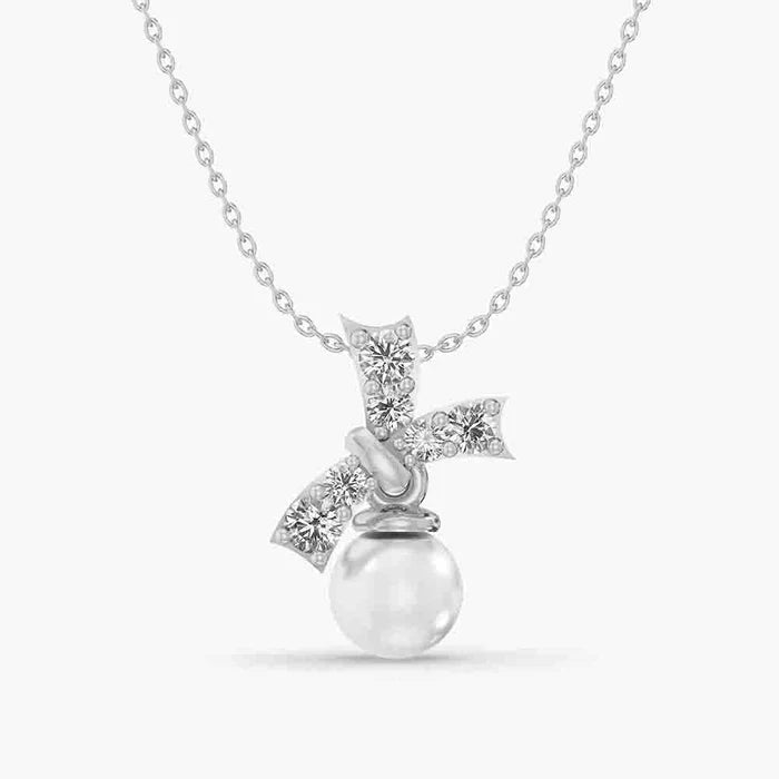Graduated Diamond Bow &amp; Pearl Drop Pendant Necklace in 925 Sterling Silver
