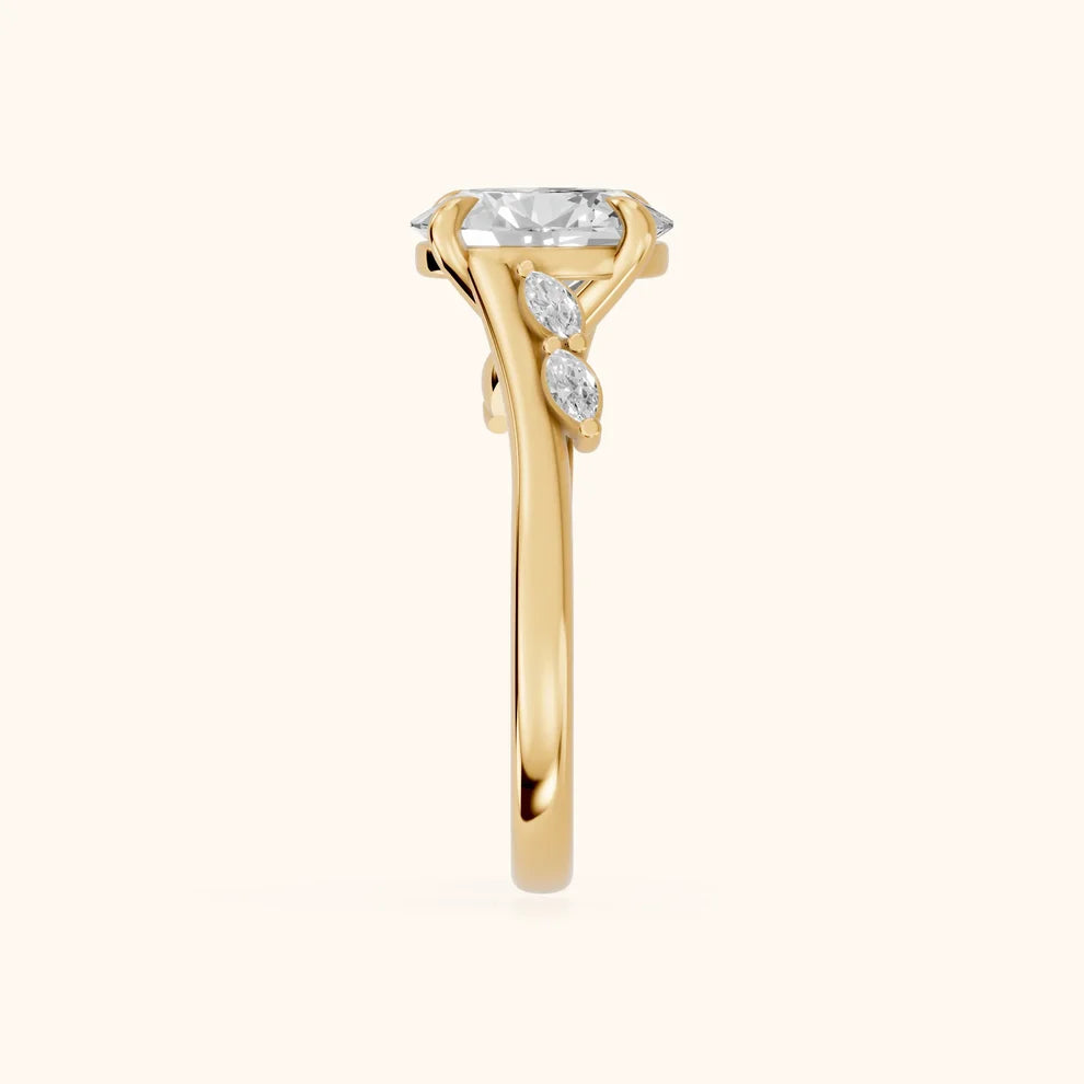 Flora Twist Side Stone Oval Diamond Engagement & Wedding Ring