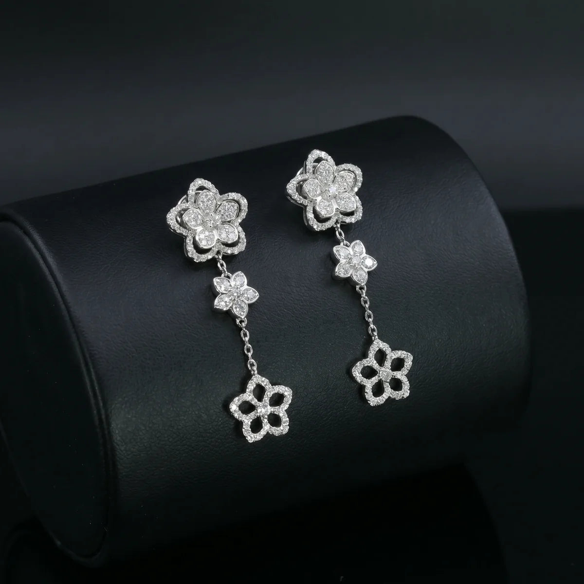Triple Flower Cascade Drop Earrings in 925 Sterling Silver