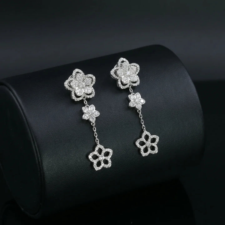 Triple Flower Cascade Drop Earrings in 925 Sterling Silver