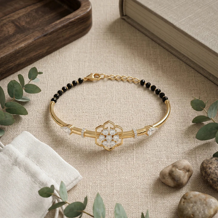 925 Sterling Silver Floral Diamond Mangalsutra Bracelet – Round & Pear Cut Lab Diamond Open Flower Bracelet for Women 925 Sterling Silver