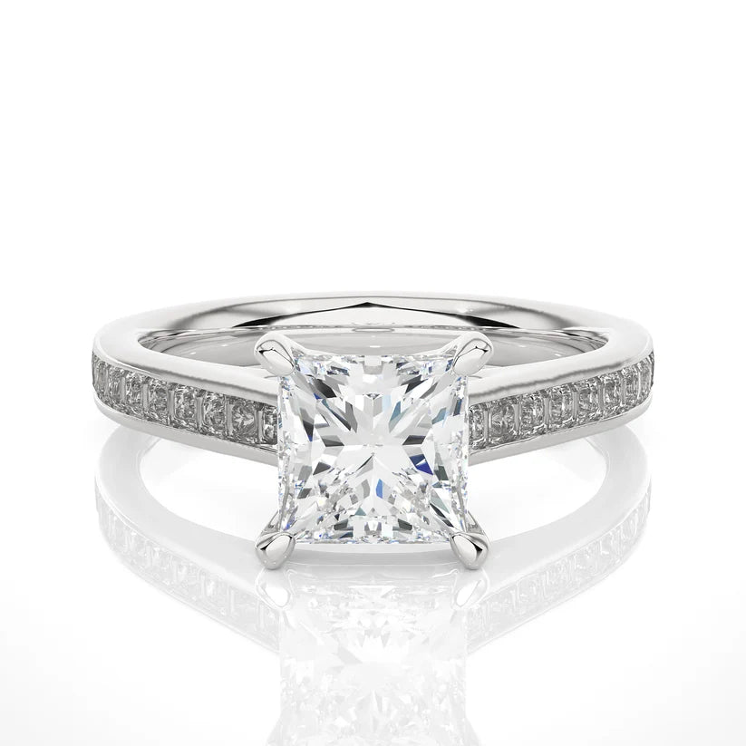 Princess Cut Diamond Gold Engagement Ring with Channel-Set Band