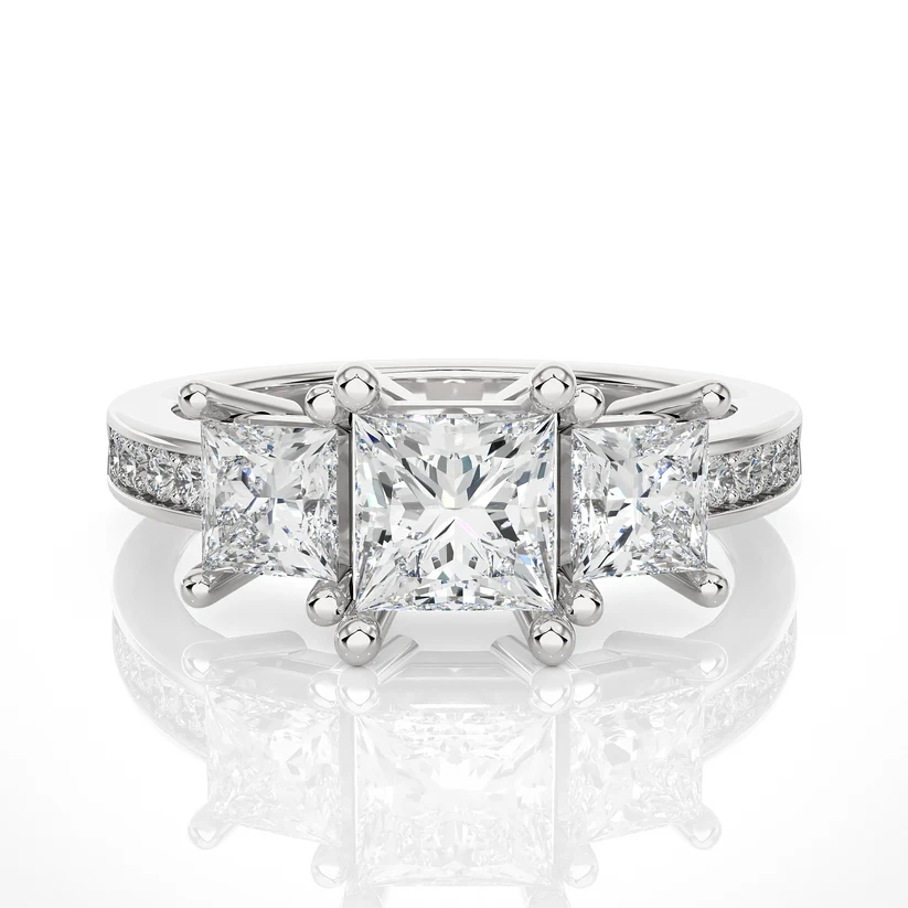 Princess Cut Three Stone Diamond Engagement Ring | Solid Yellow Gold | Channel-Set Diamond Band | Classic Trilogy Ring | Gift for Her