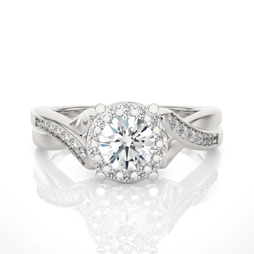 Round Halo Diamond Twist Engagement Ring | Solid Yellow Gold | Pavé Infinity Band | Classic Halo Setting
