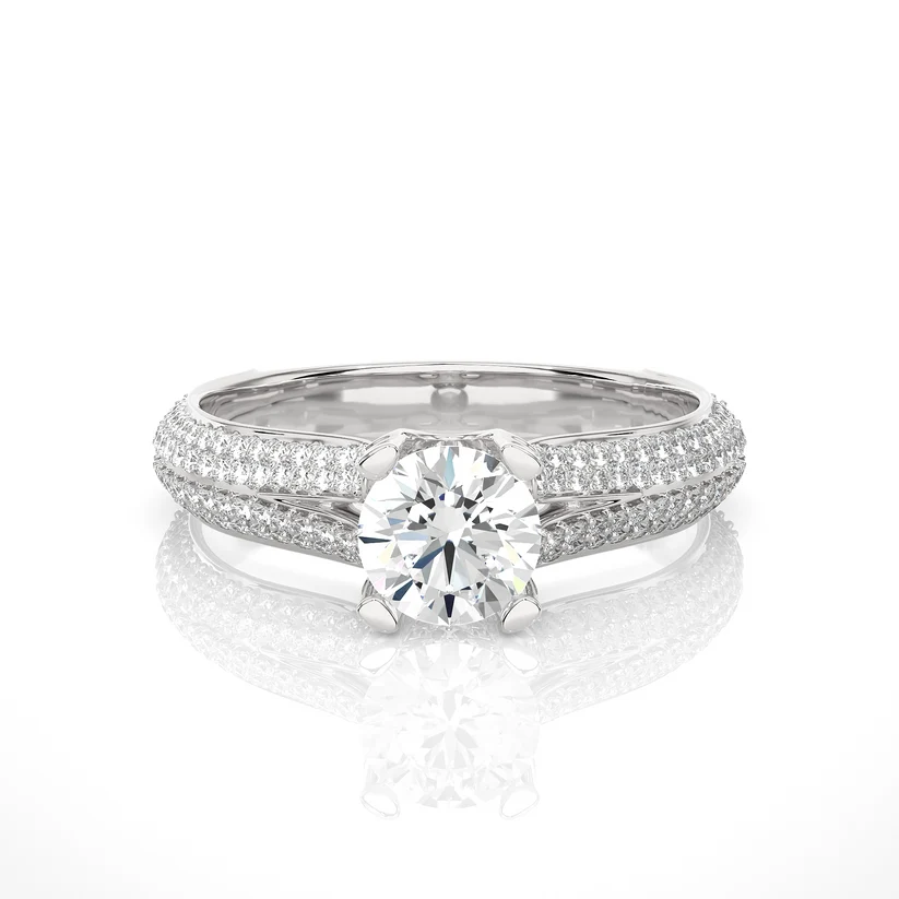 Round Brilliant Diamond Split Shank Pave Engagement Ring in Solid Gold