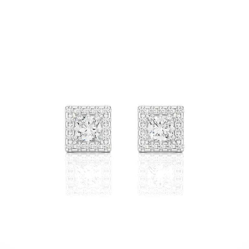 Classic Princess-Cut Diamond Halo Stud Earrings in Gold