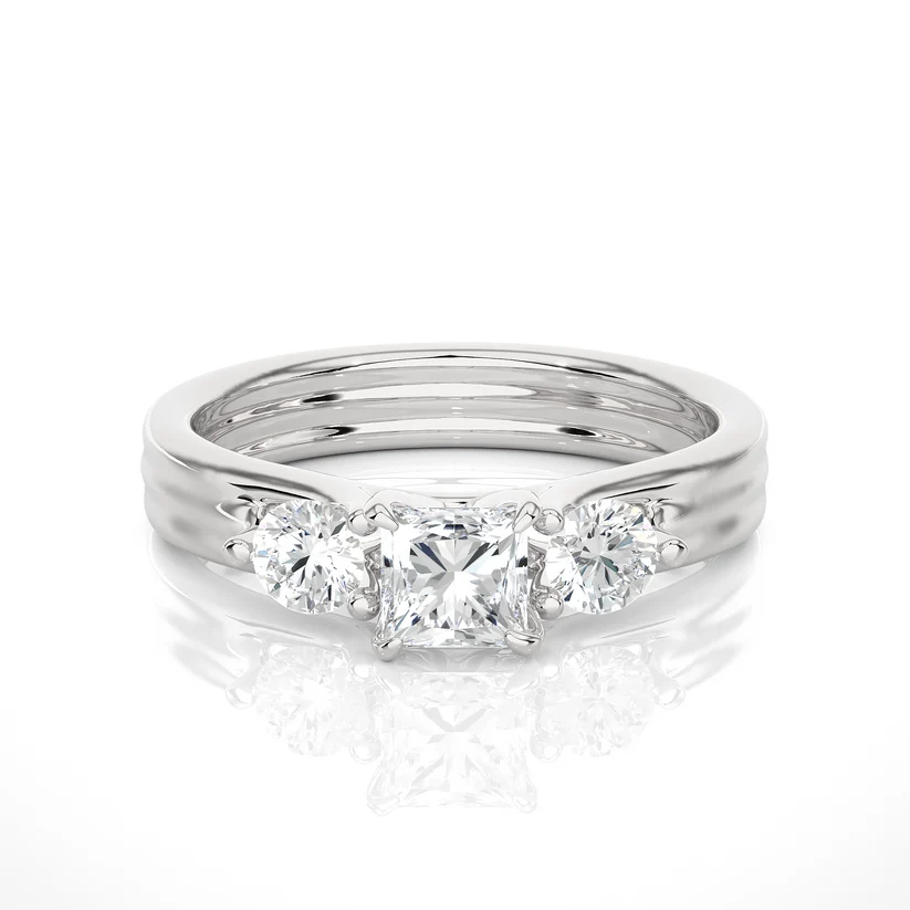 Princess Cut Three Stone Diamond Engagement Ring | Solid Yellow Gold | Round Side Diamonds | Classic Trilogy Ring | Gift for Her