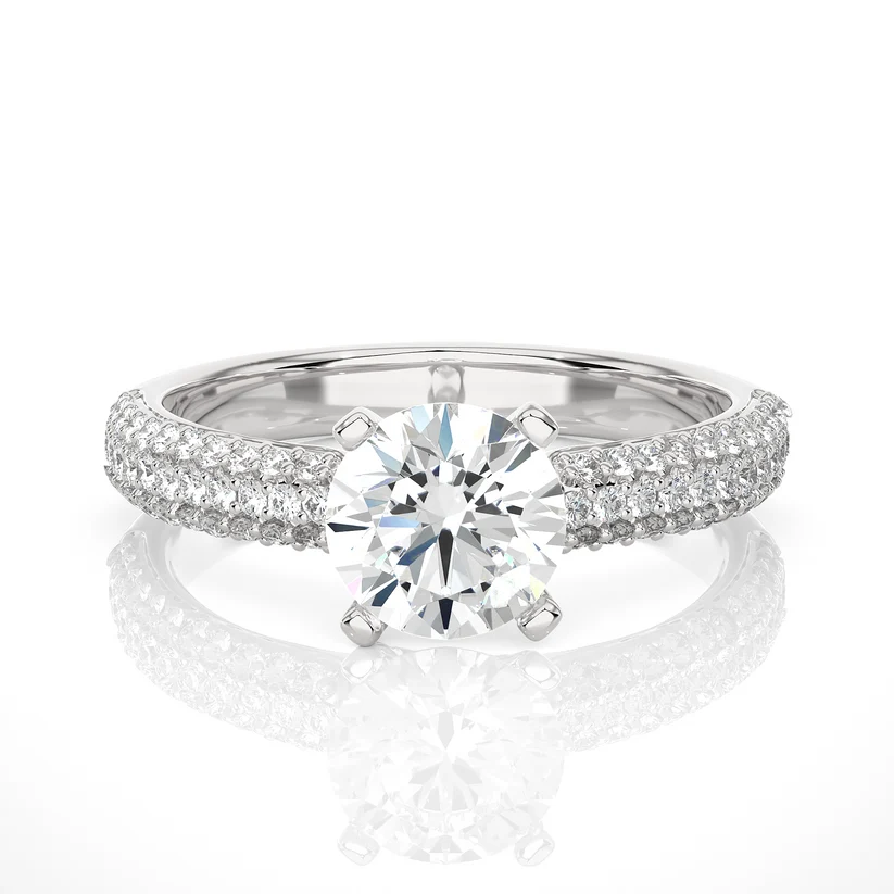 Round Brilliant Diamond Pavé Engagement Ring in Solid Yellow Gold | Triple Row Diamond Band | Classic Solitaire Ring