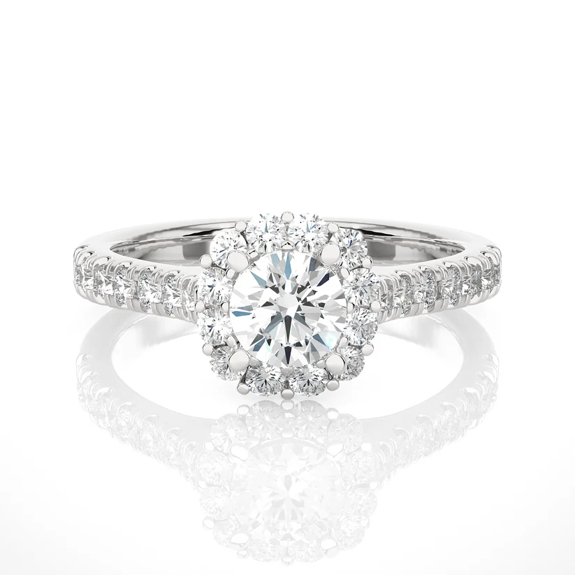 Round Halo Diamond Engagement Ring | Solid Yellow Gold | Pavé Diamond Band | Classic Halo Setting |