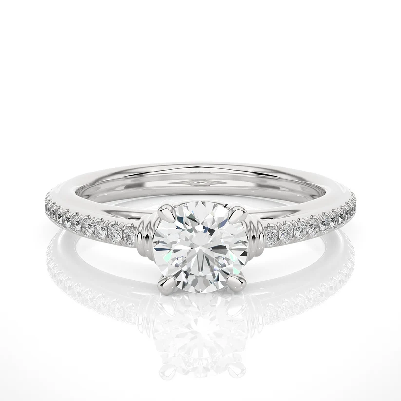 Round Brilliant Diamond Solitaire Engagement Ring with Pavé Band in Yellow Gold