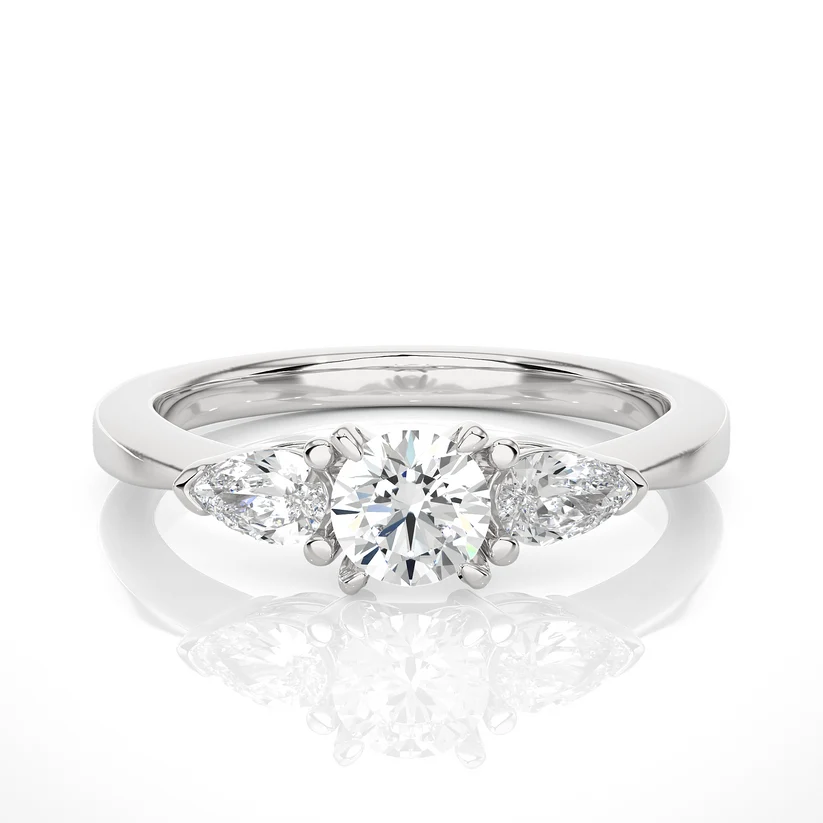 Round & Pear Cut Three Stone Diamond Engagement Ring in Yellow Gold