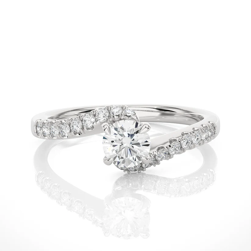 Twisted Round Brilliant Diamond Solitaire Engagement Ring | Solid Yellow Gold | Pavé Diamond Crossover Band | Four-Prong Setting | Gift for Her
