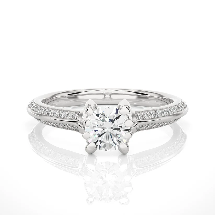 Round Solitaire Diamond Split Shank Gold Engagement Ring with Pavé Diamond Band