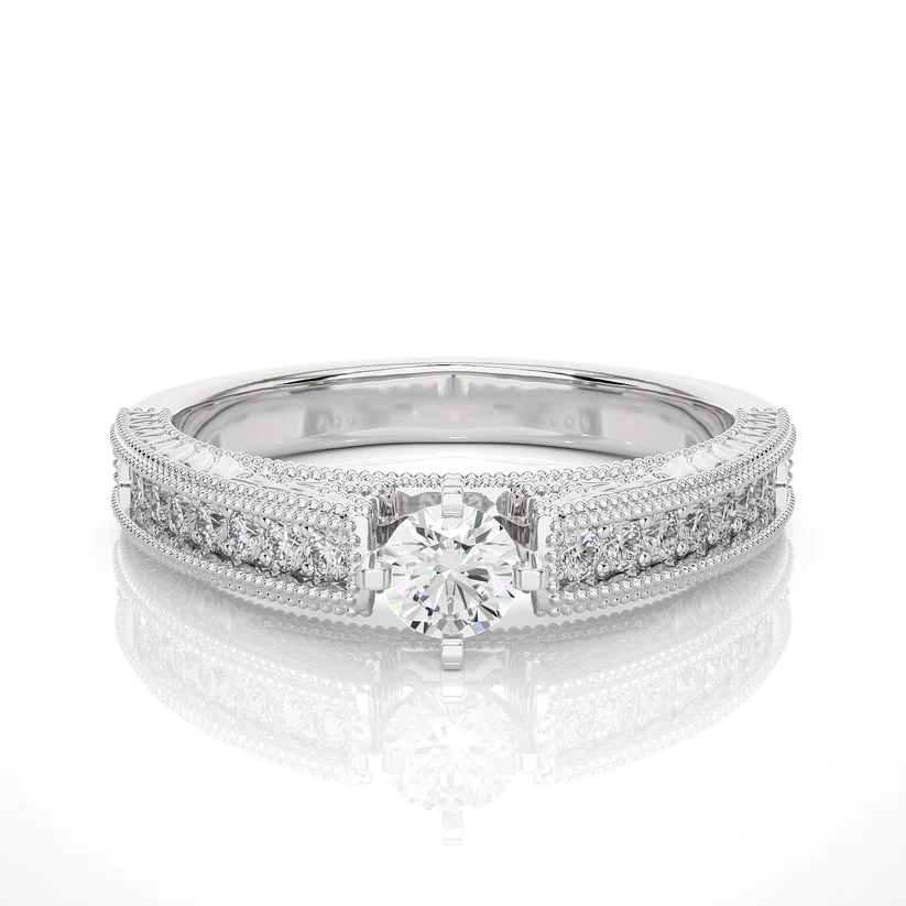 Vintage Round Solitaire Diamond Ring with Milgrain Diamond Band in 10K/14K/18K Yellow Gold